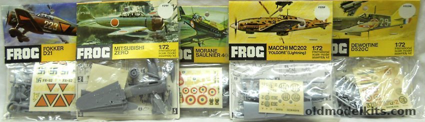 Frog 1/72 F223F Fokker D-XXI / F219F Mitsubishi Zero / F224F Morane Saulnier 406 / F225F Macchi MC-202 / F222M Dewoitine D-520C - Bagged plastic model kit